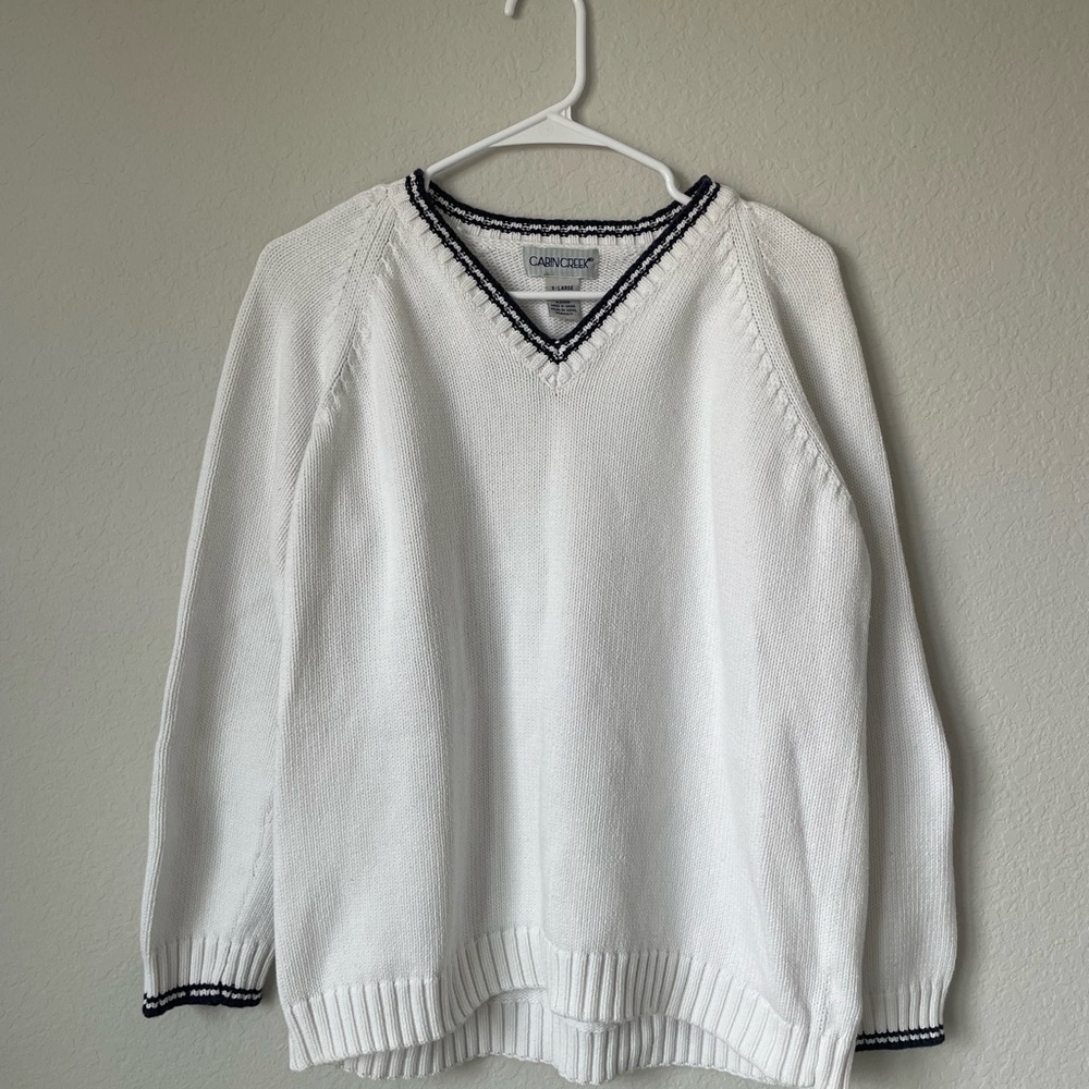 Vintage Cabin Creek White V-Neck Sweater w/Navy Trim Women’s Sz XL 100% Cotton
